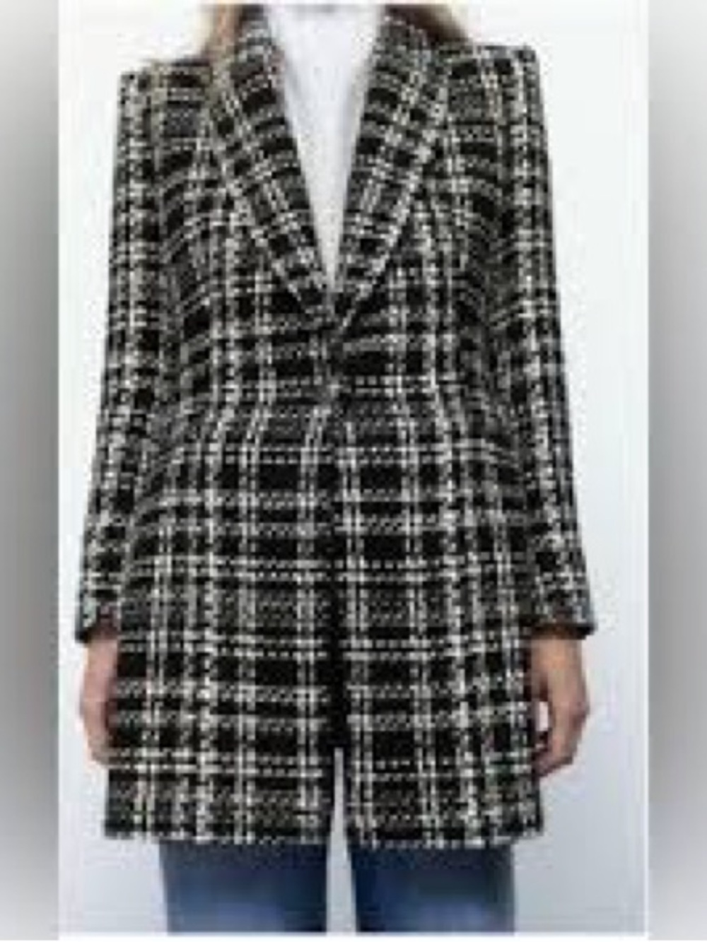 Black & White Plaid Long Women's Blazer by Zara Size S